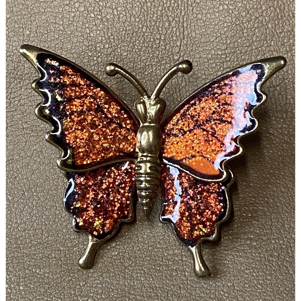 VNTG Butterfly Black & Orange Glossy Glitter Enamel Gold Tone Lightweight Metal